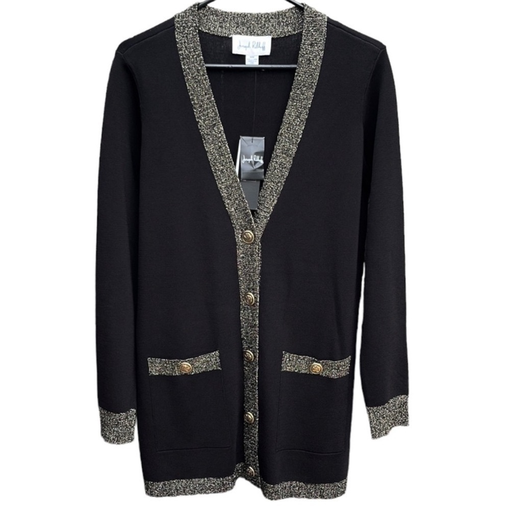 NWT Joseph Ribkoff Black Gold Contrast Trim Knit Long Cardigan Size Medium